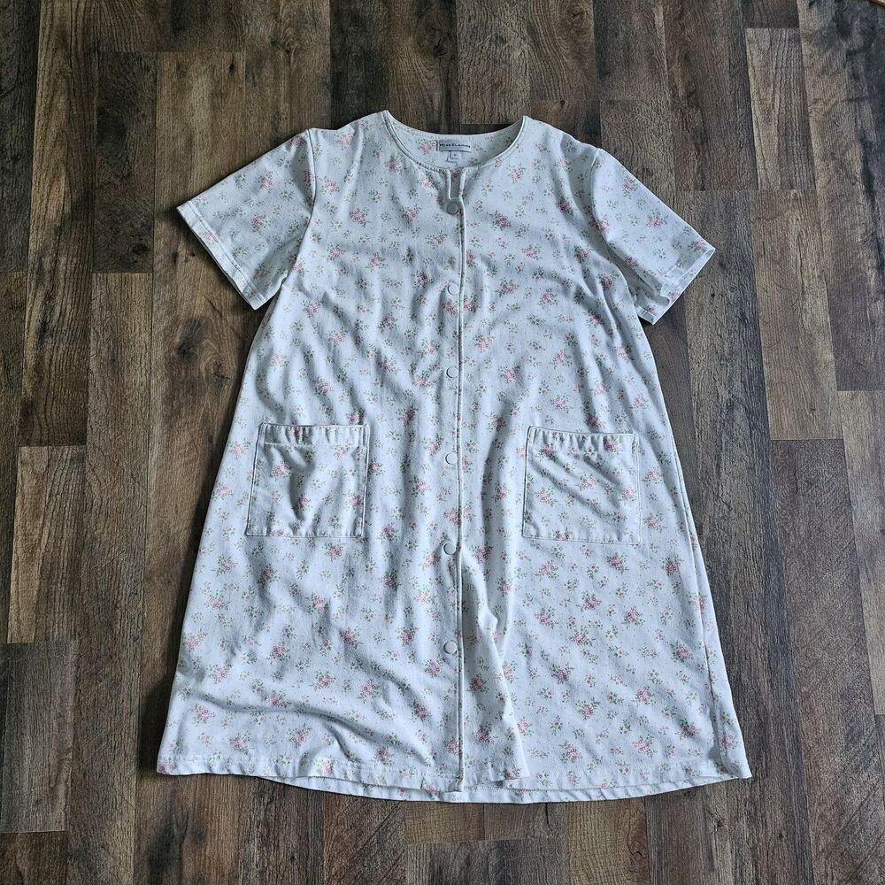 Miss Elaine Womens Nightgown Size M White Pink Floral Snap Front Short Sleeve